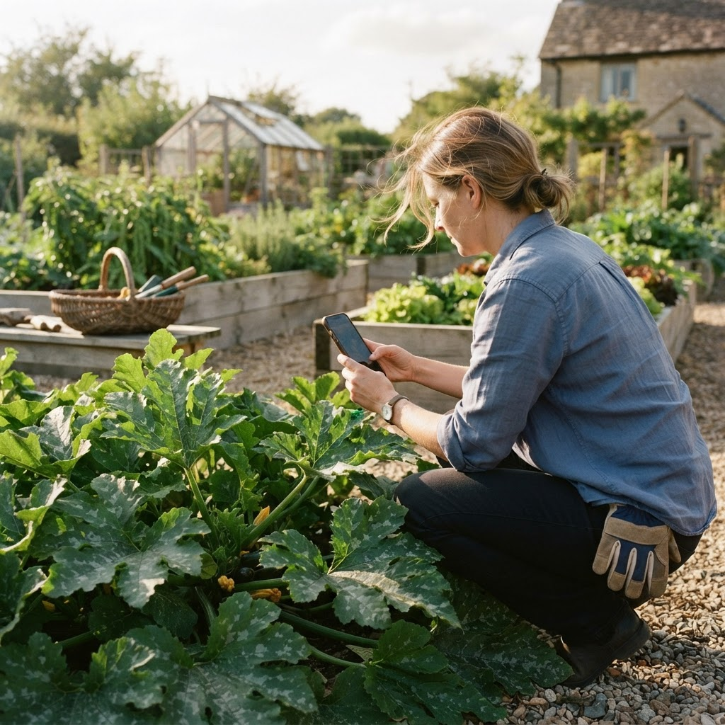 A gardener crouching beside a large courgette plant, photographing its leaves with her phone